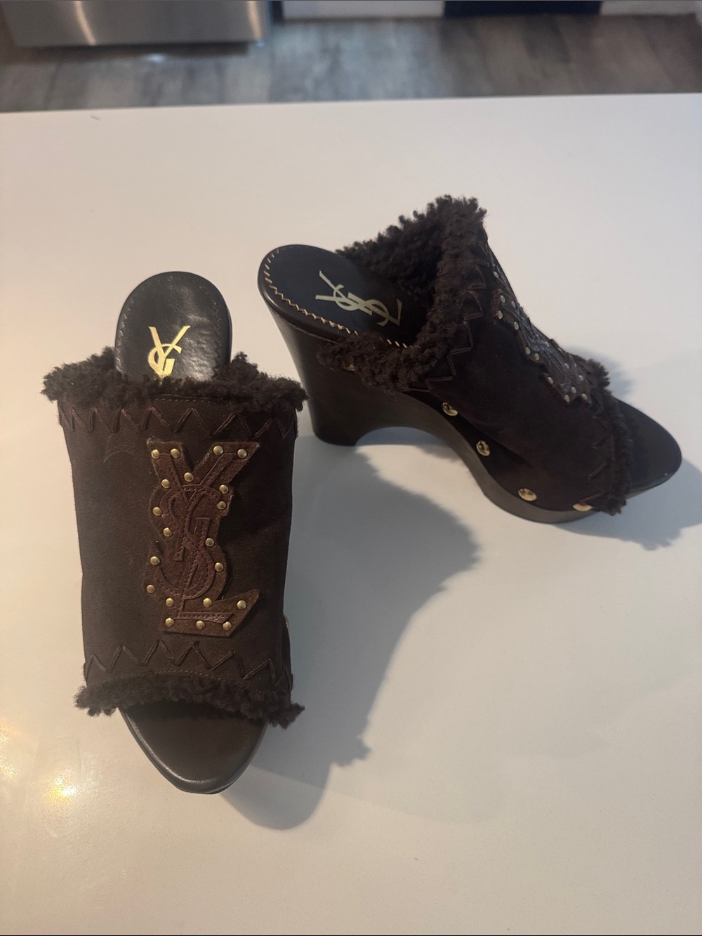 Yves Saint Laurent Brown Suede Shearling Studded Mule Heels